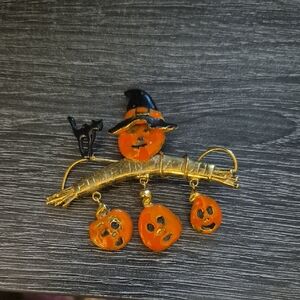 Vintage Halloween Pumpkin Patch Brooch Pin Orange & Black Enamel Rare